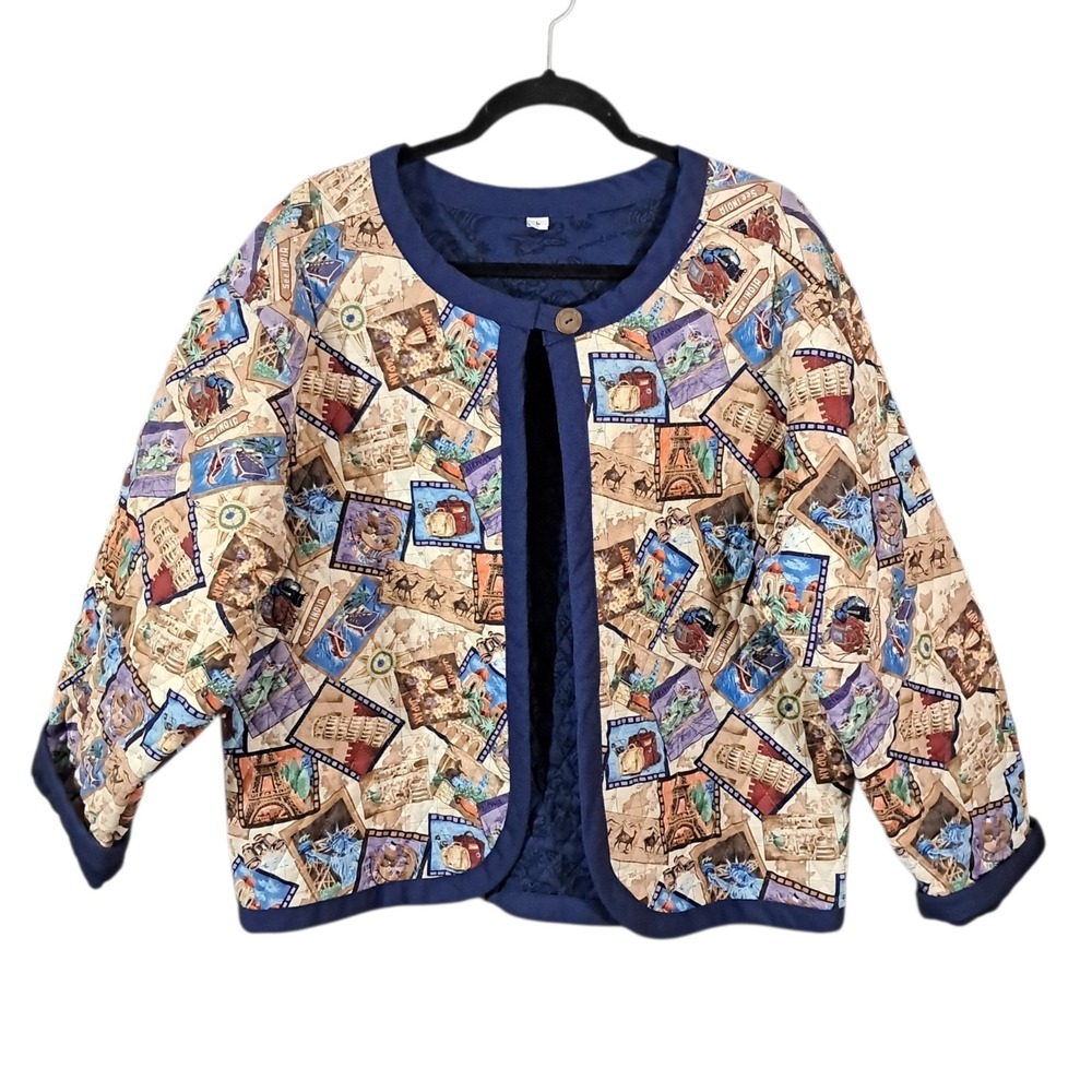 Vtg Handmade Jacket Women Large Patchwork Boho Artsy 90s Cardigan Travel Cropped